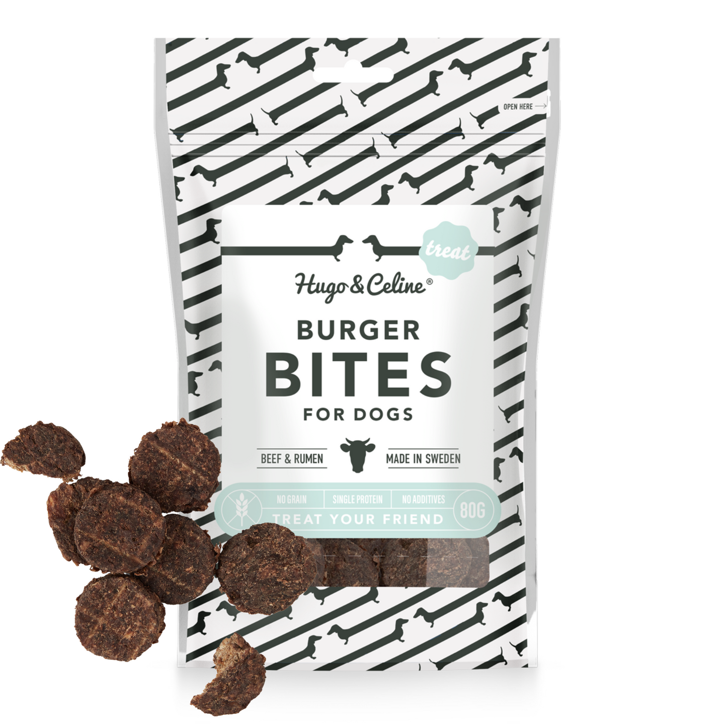 Hugo & Celine Burger Bites for dogs packaging with treats in front