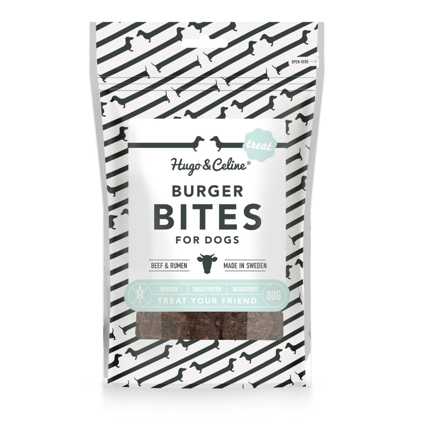 Package of Hugo & Celine Burger Bites for dogs on a white background