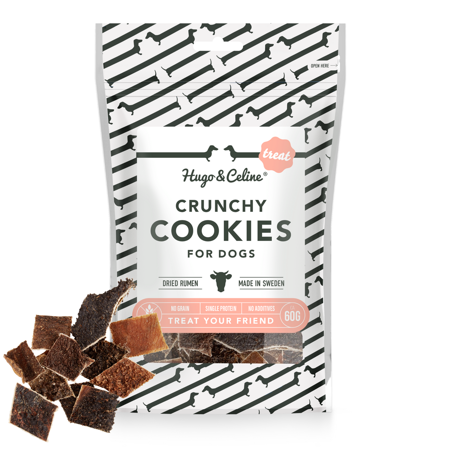 Package of Hugo & Celine Crunchy Cookies for dogs with cookies displayed in front