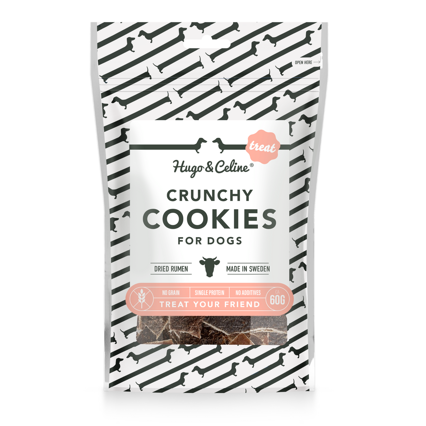 Package of crunchy cookies for dogs with white background
