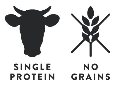 Highlights of Hugo & Celine Burger Bites for dogs showing single protein and grain-free
