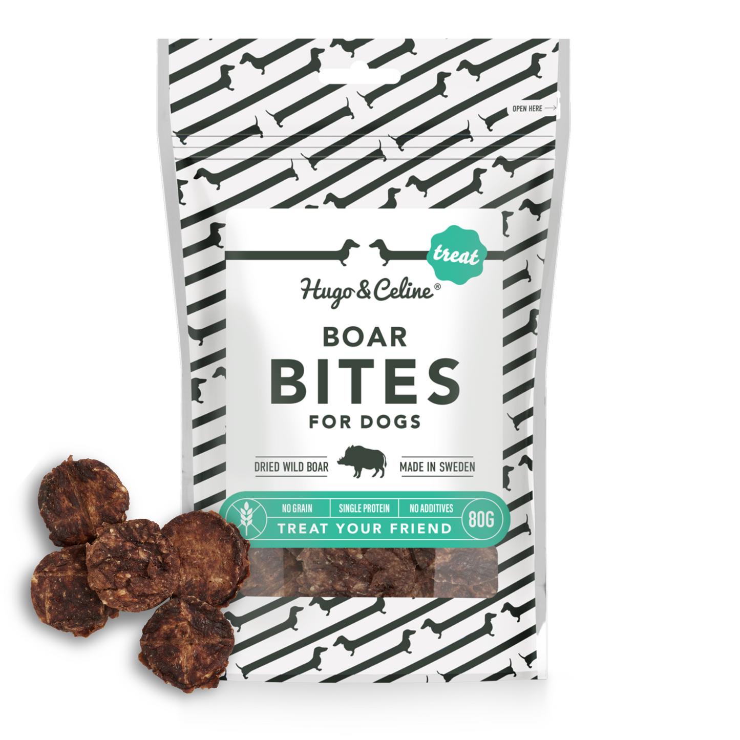 Package of Hugo & Celine Boar Bites for dogs with treats displayed in front