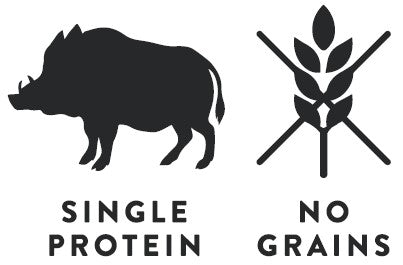 Highlights of Hugo & Celine Boar Bites for dogs showing single protein and grain-free