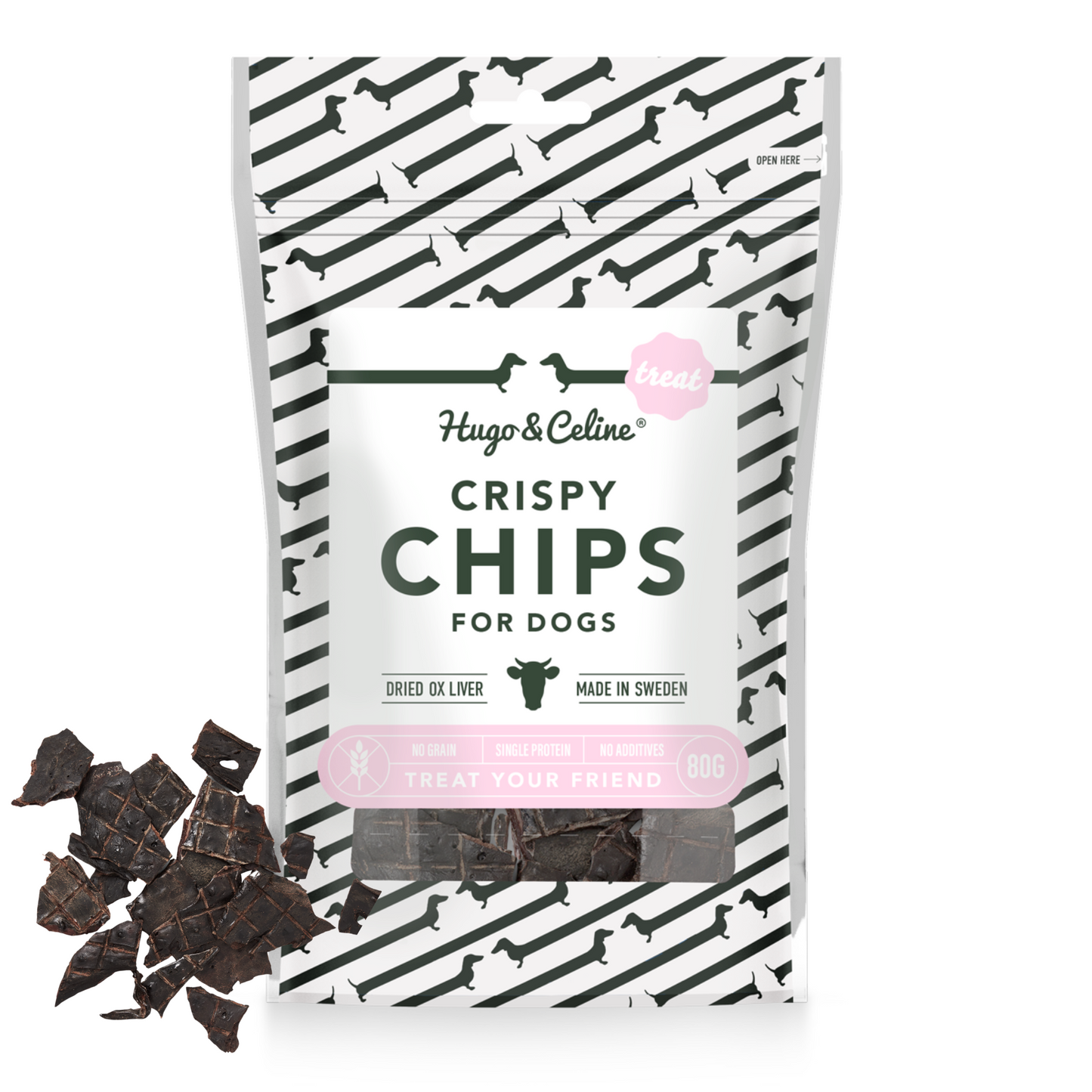 Hugo & Celine Crispy Chips for dogs packaging with dried dog treats on a white background