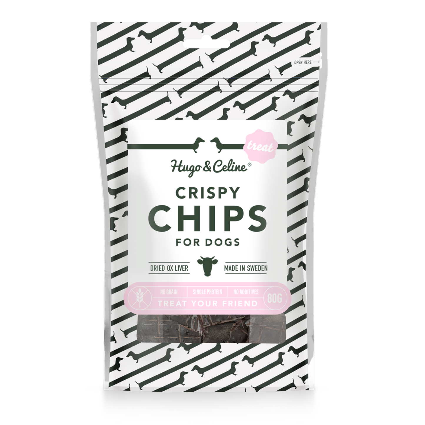 Package of Hugo & Celine Crispy Chips for dogs on a white background