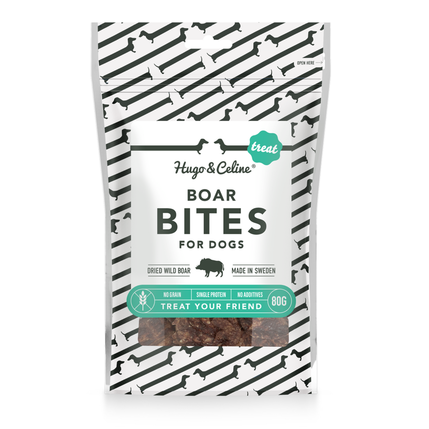 Package of Hugo & Celine Boar Bites for dogs on a white background