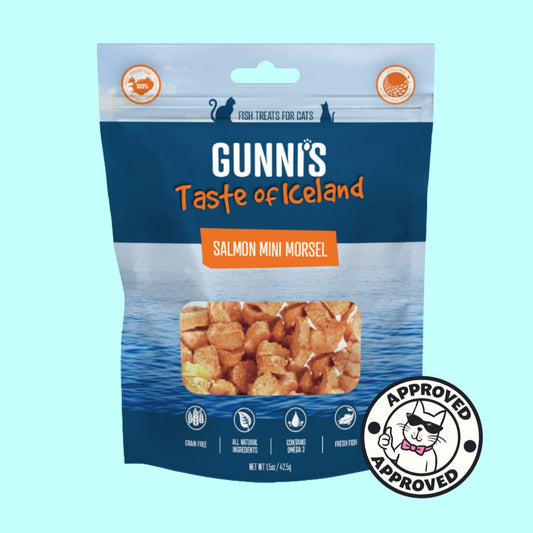Gunnis cat treat package with salmon mini morsels on a light blue background