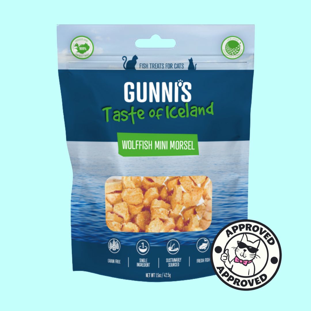 Gunnis cat treat package with wolffish mini morsels on a light blue background