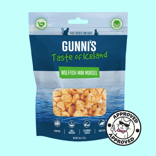 Gunnis cat treat package with wolffish mini morsels on a light blue background